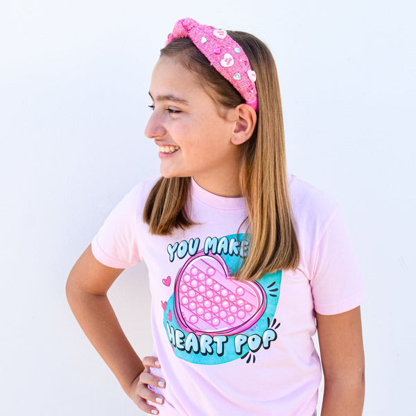 Embellished Knot Headband - Tweed Beaded Candy Valentine Heart
