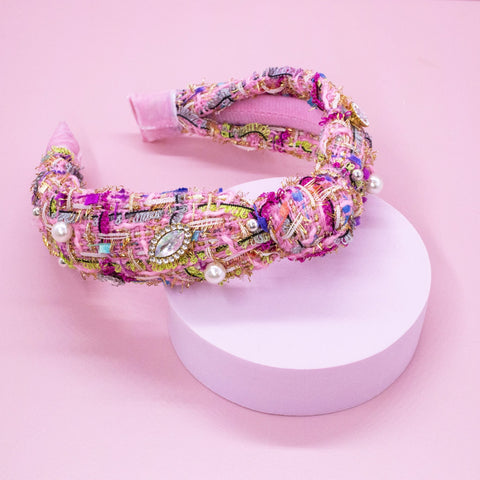 Embellished Knot Headband - Tweed Rhinestone Pearl - FROG SAC