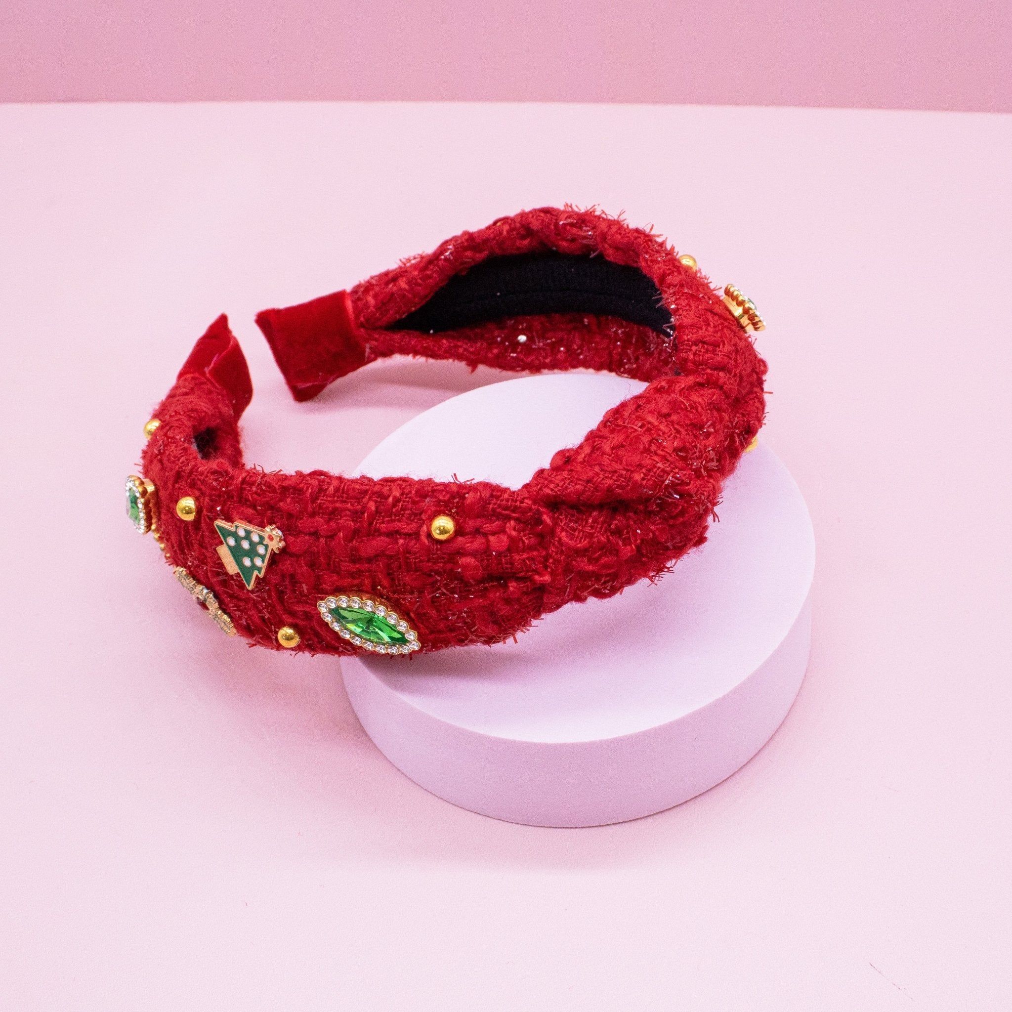Embellished Knot Headband - Tweed Rhinestone Pearl (Christmas) - FROG SAC