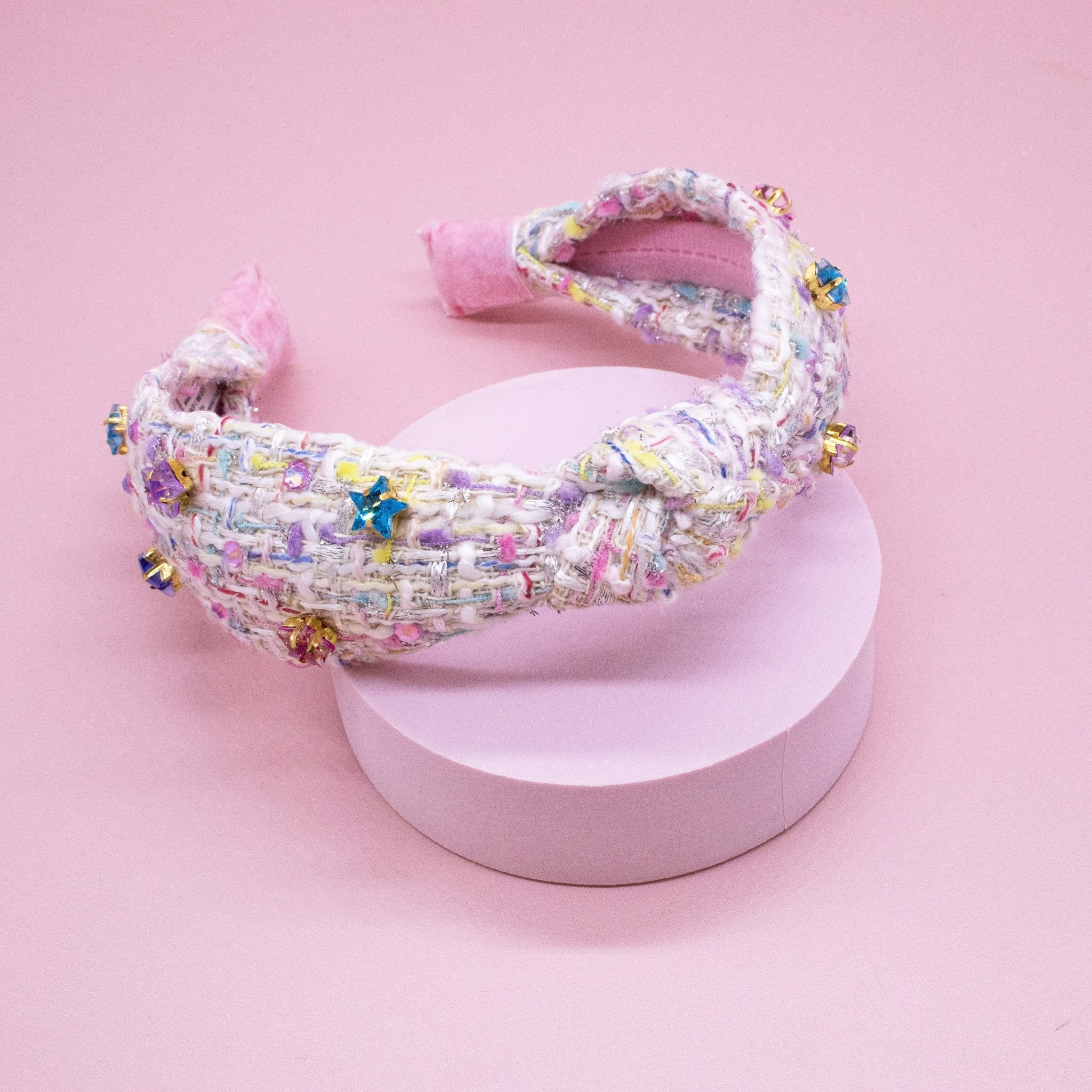 Embellished Knot Headband - Tweed Star Rhinestone Charms - FROG SAC