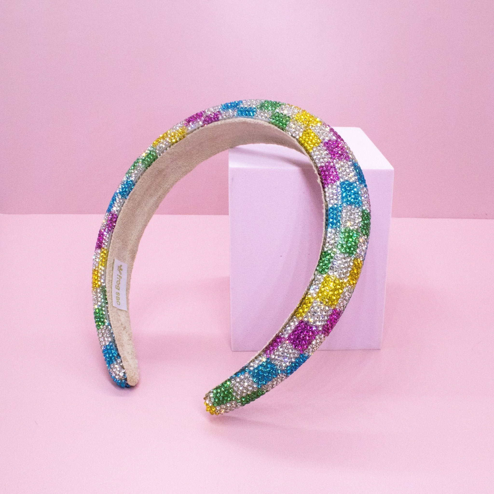 Rhinestone Headband - Padded Rainbow Checkerboard Hair Band - FROG SAC