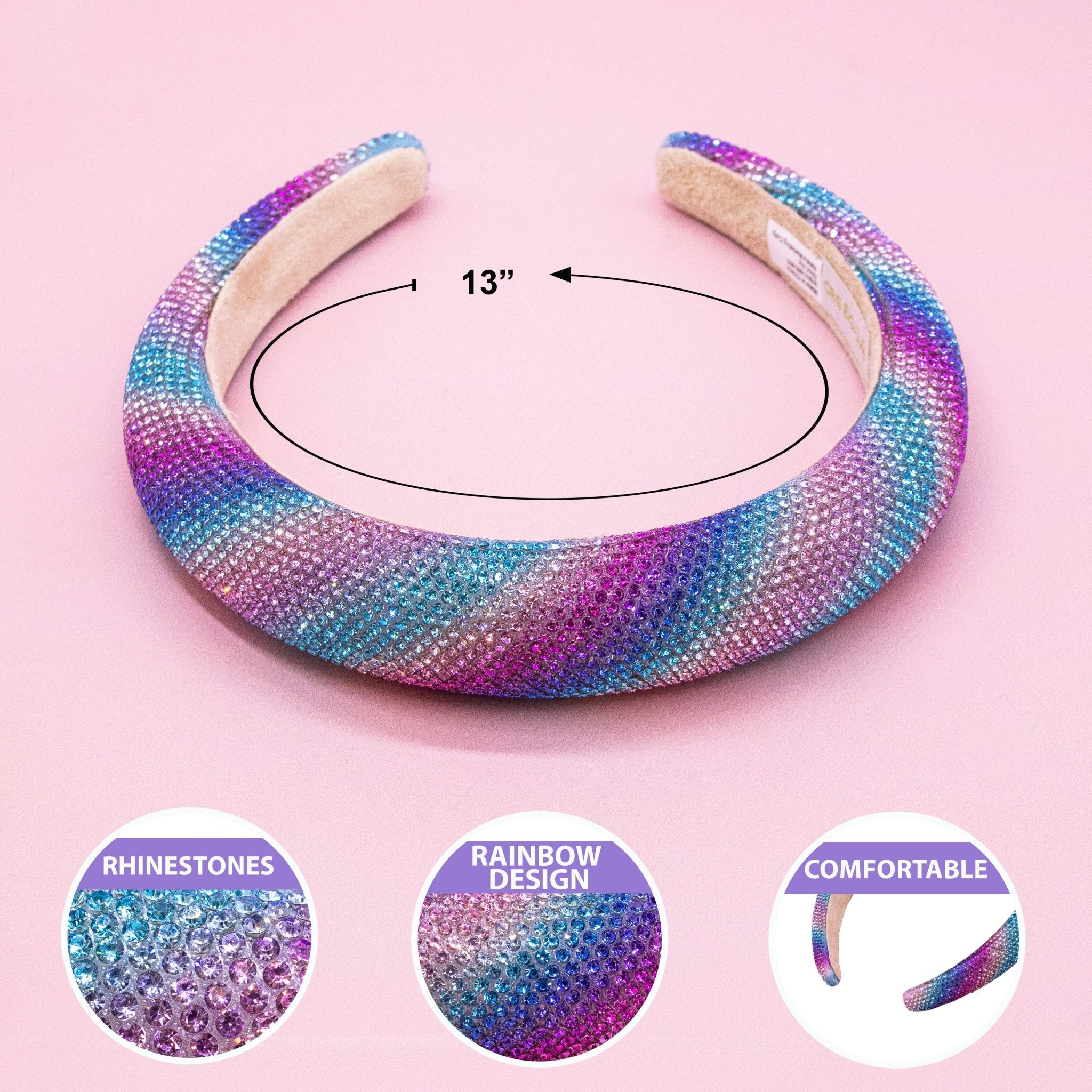 Rhinestone Headband - Padded Rainbow Hair Band - FROG SAC