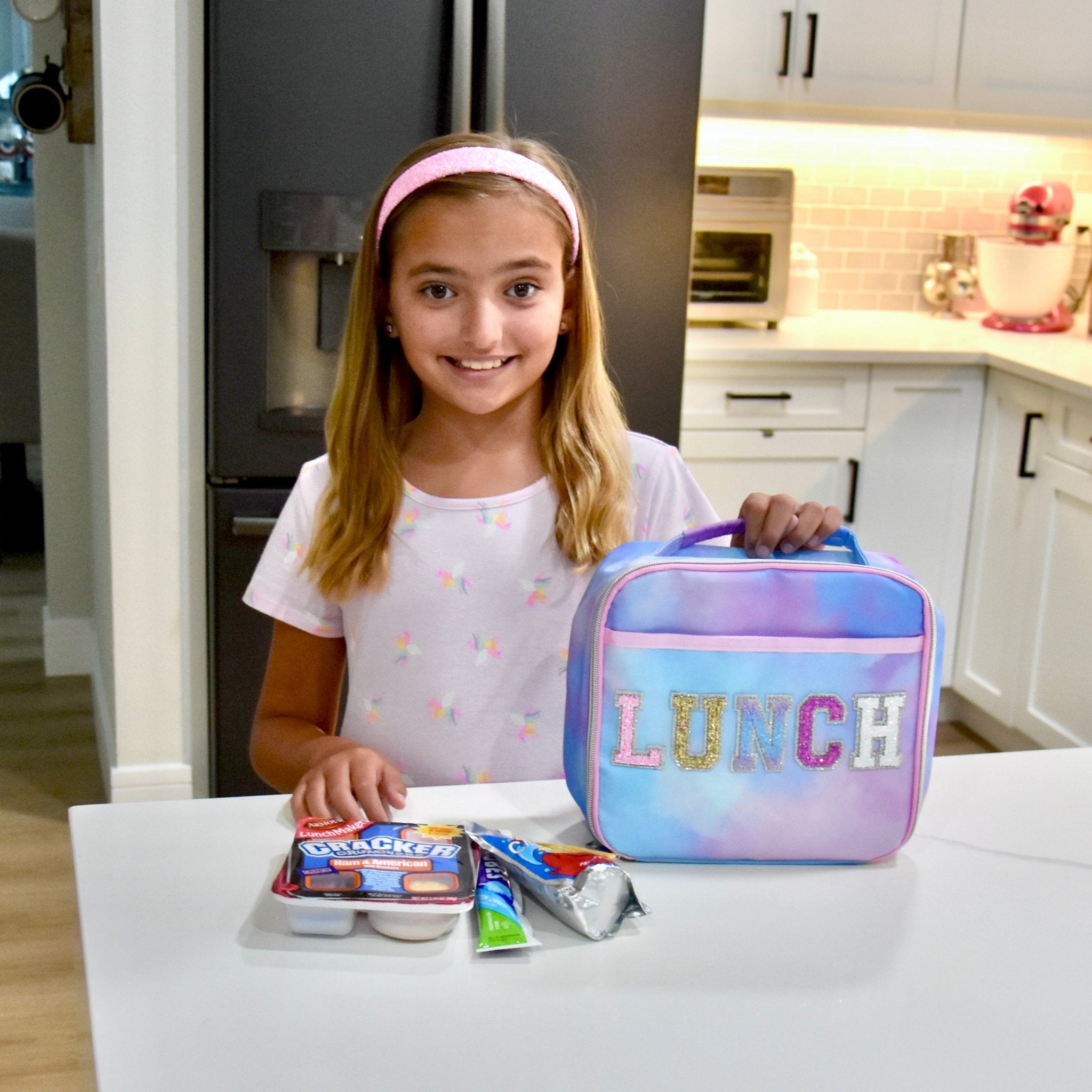 Tie Dye Lunch Box with Glitter Varsity Letter Patches - LUNCH - FROG SAC