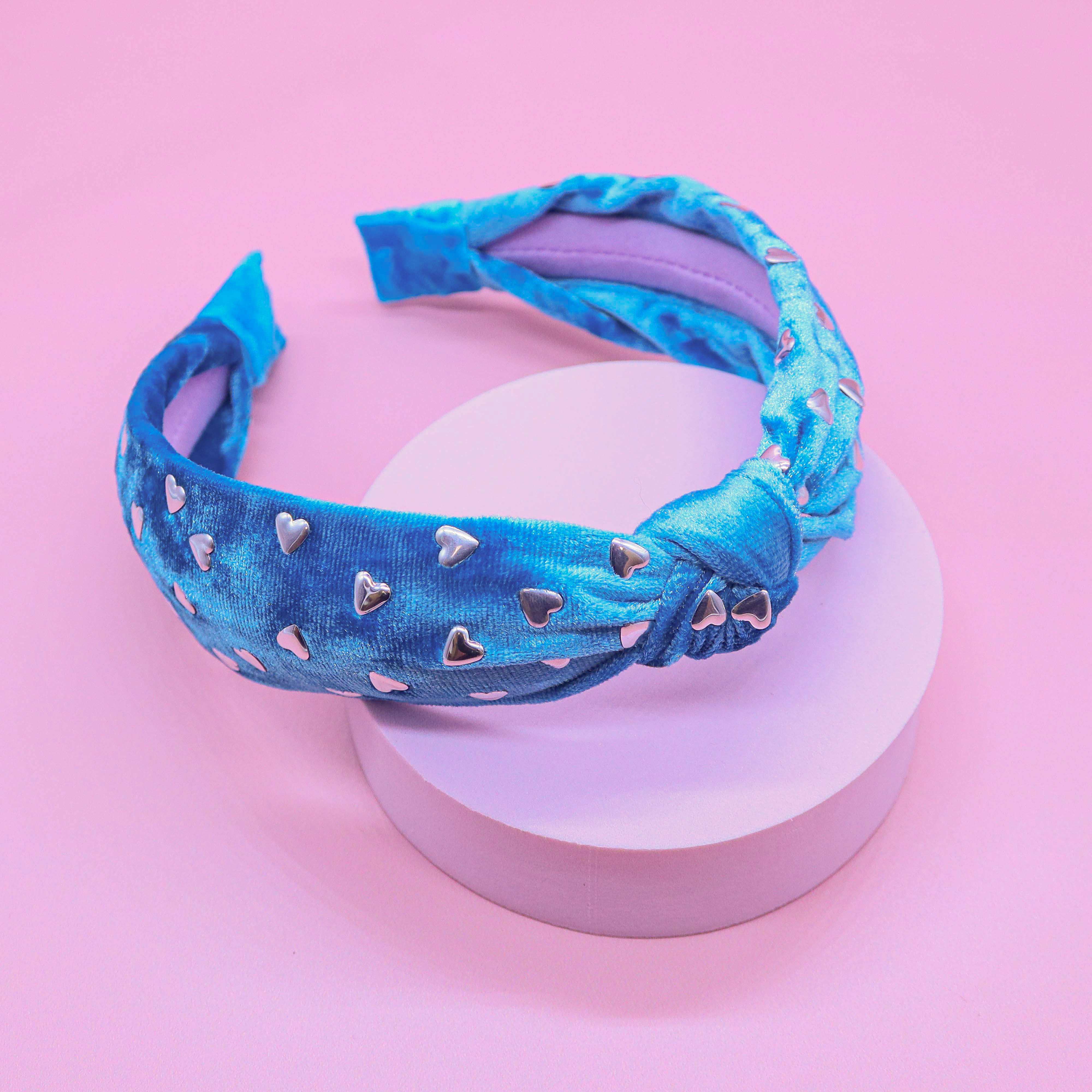 Metal Heart Studded Velvet Knot Headband