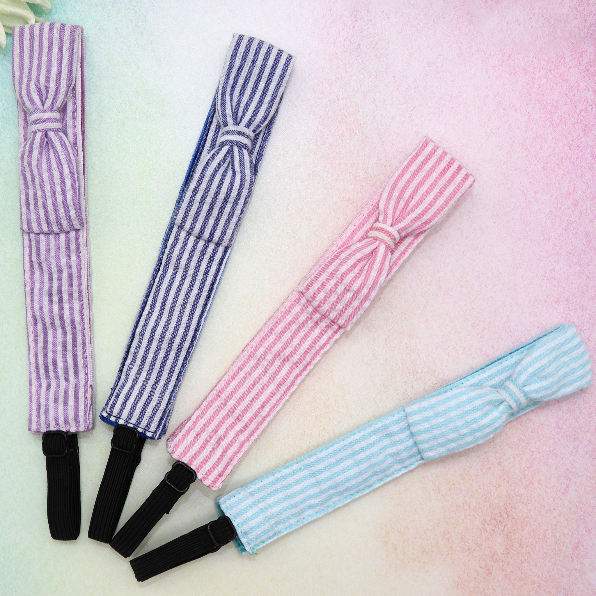 Adjustable No Slip Seersucker Bow Headbands - 4 Pack - FROG SAC