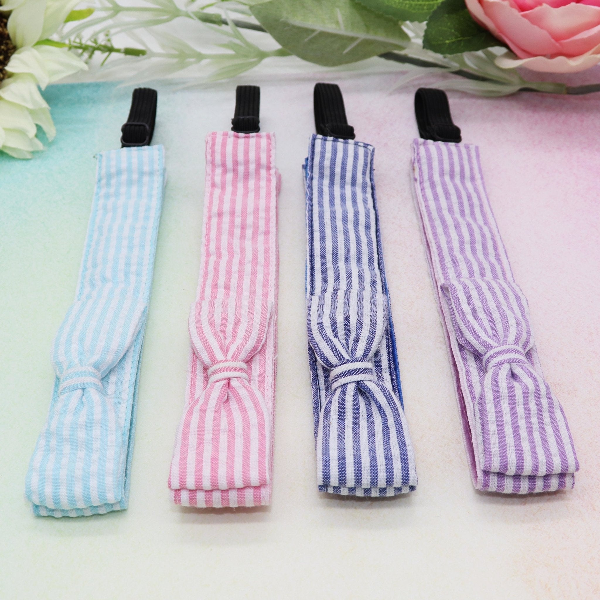 Adjustable No Slip Seersucker Bow Headbands - 4 Pack - FROG SAC