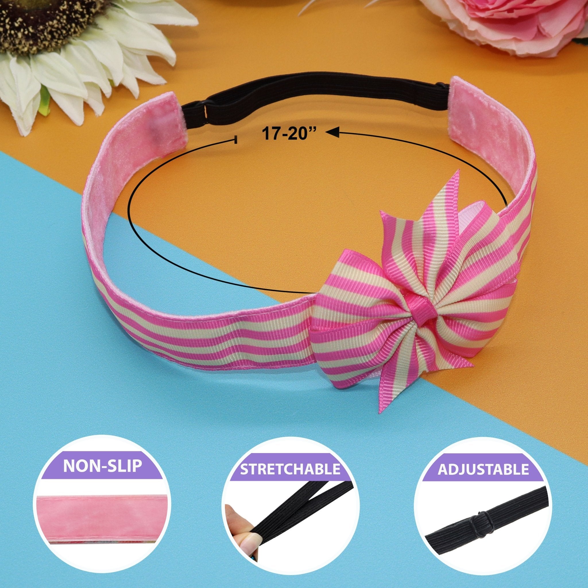 Adjustable No Slip Striped Bow Headbands - 4 Pack - FROG SAC