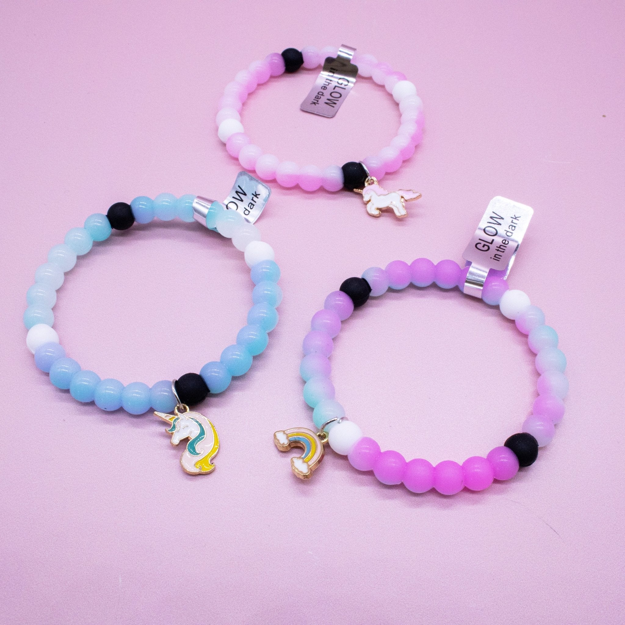 Glow in the Dark Unicorn Charm Bubble Bracelets - 3 Pack - FROG SAC