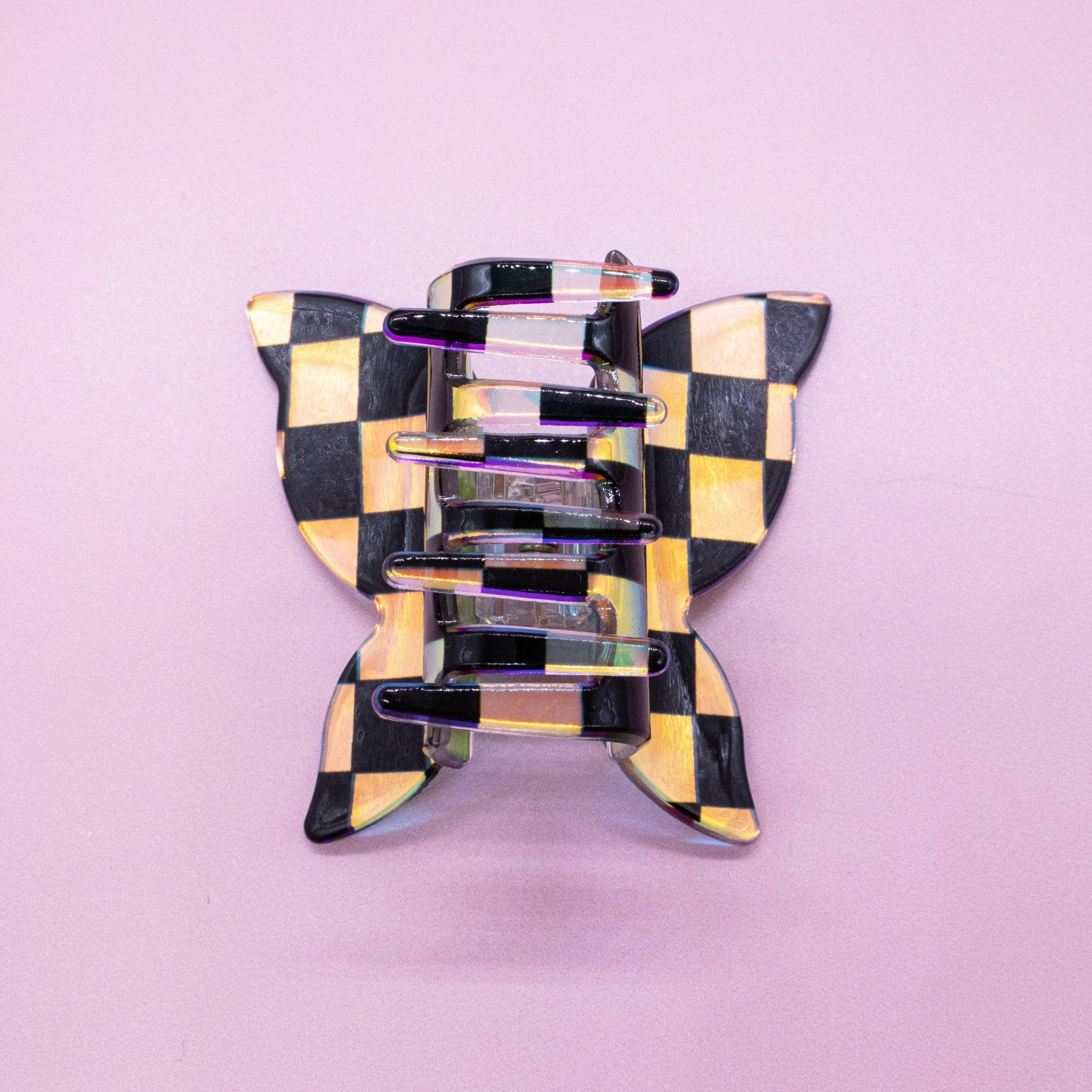 Medium Iridescent Checkered Butterfly Hair Claw Clip - FROG SAC