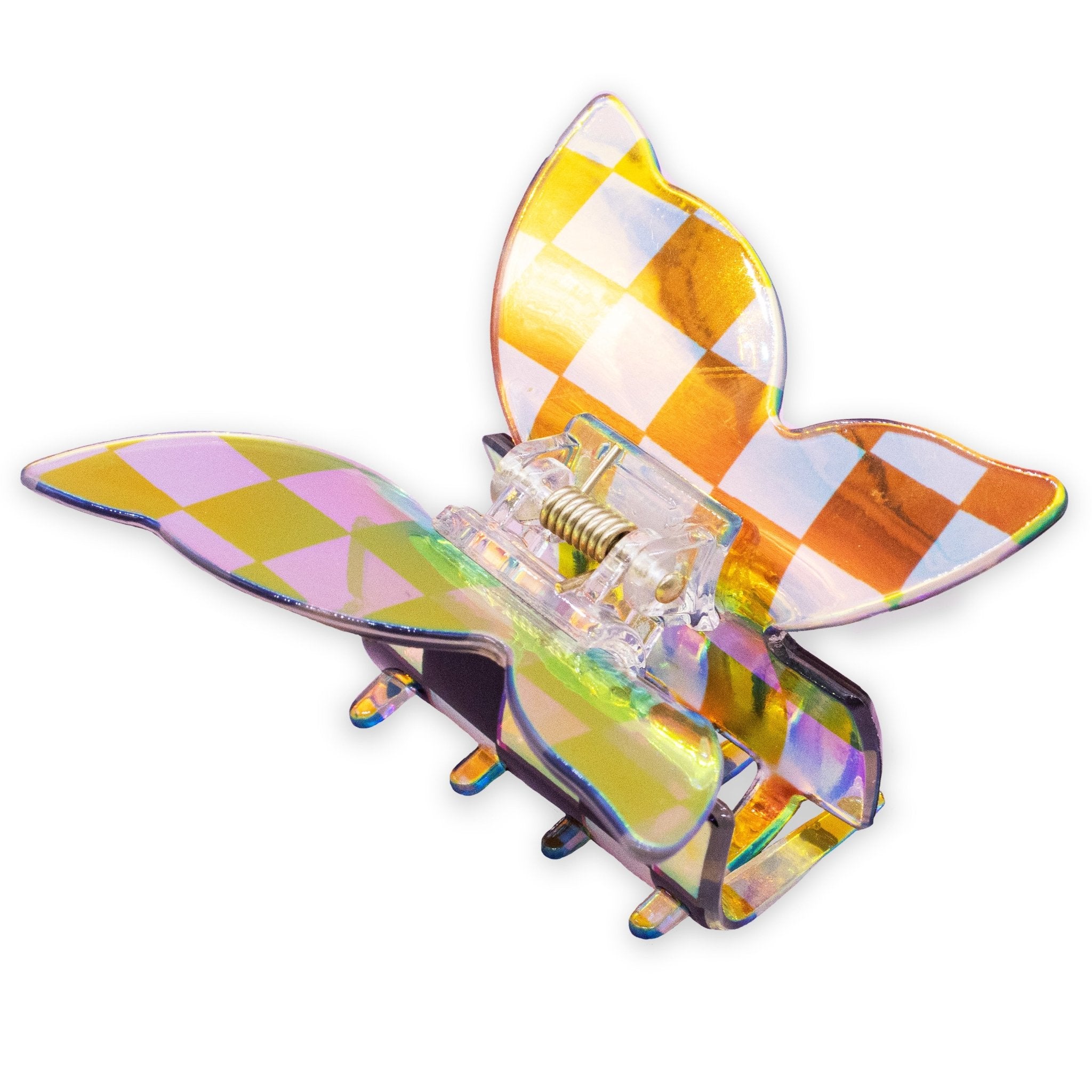Medium Iridescent Checkered Butterfly Hair Claw Clip - FROG SAC