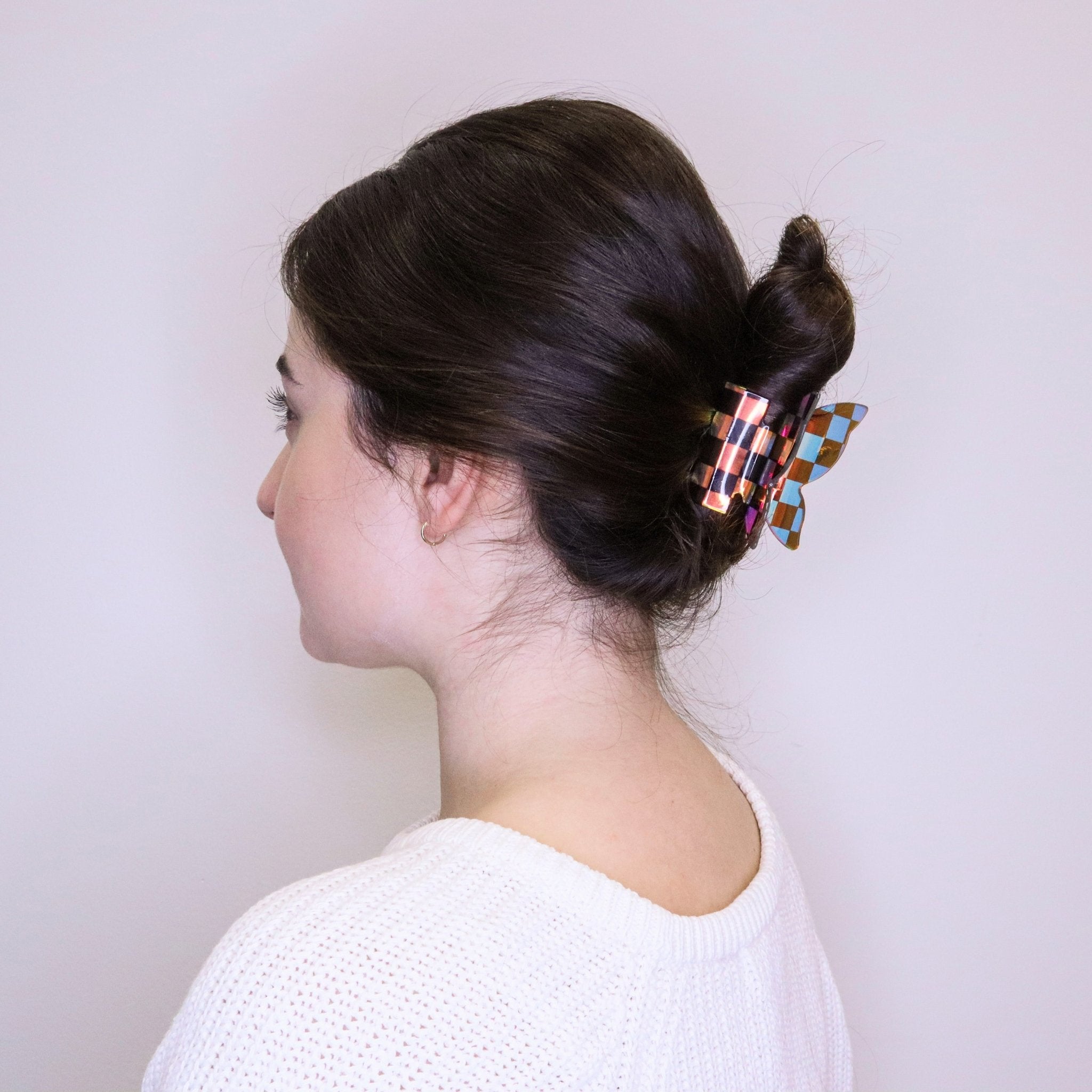 Medium Iridescent Checkered Butterfly Hair Claw Clip - FROG SAC