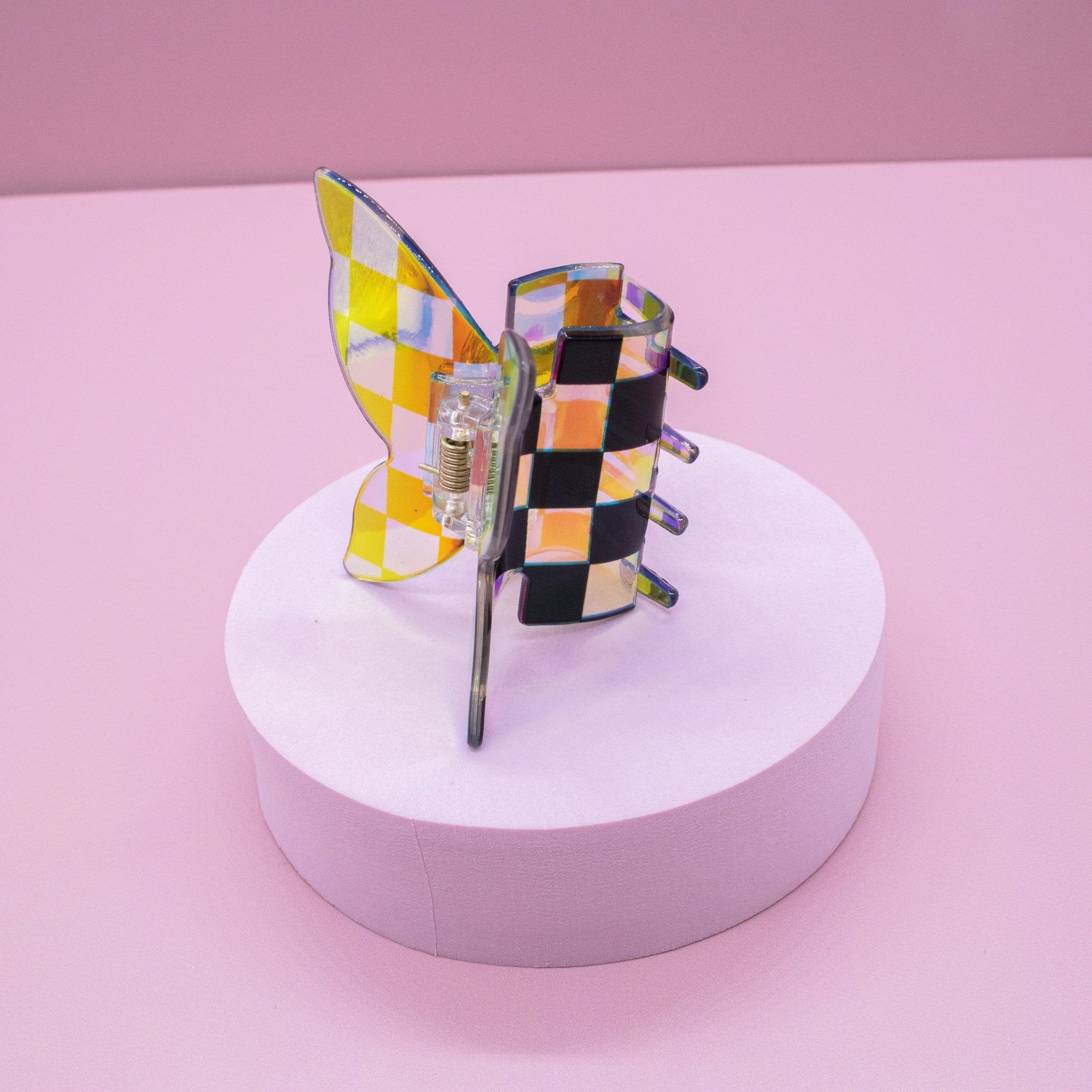Medium Iridescent Checkered Butterfly Hair Claw Clip - FROG SAC