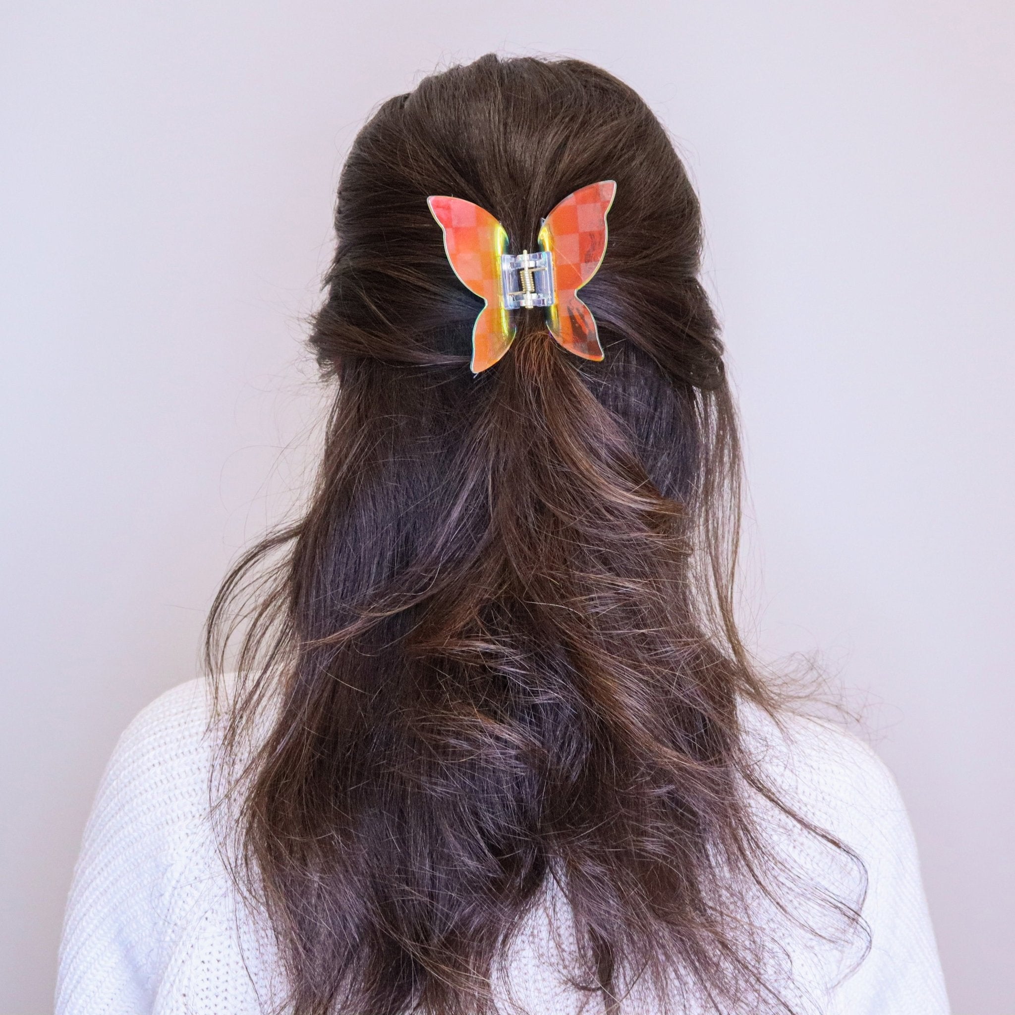 Medium Iridescent Checkered Butterfly Hair Claw Clip - FROG SAC