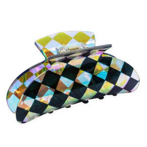Medium Iridescent Checkered Hair Claw - Black - FROG SAC