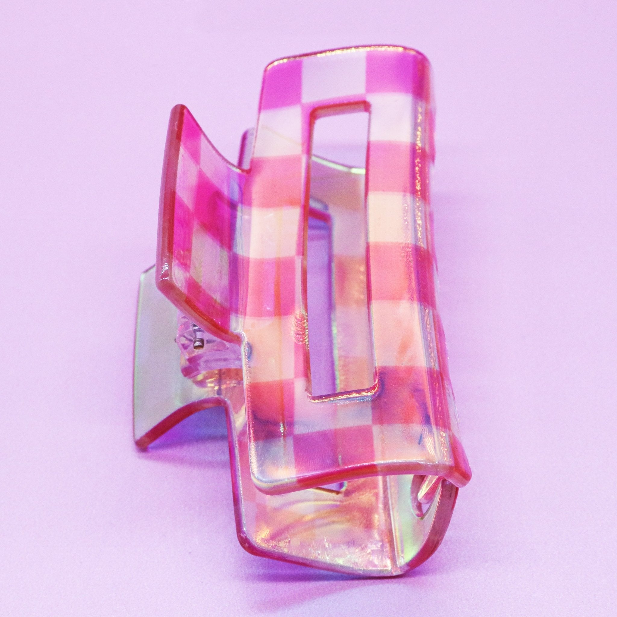 Medium Iridescent Checkered Hair Claw - Pink - FROG SAC