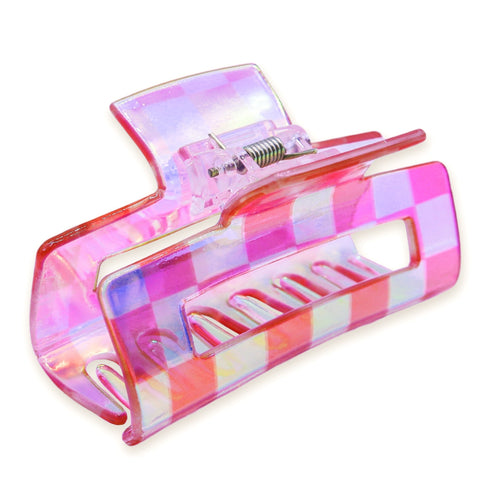 Medium Iridescent Checkered Hair Claw - Pink - FROG SAC