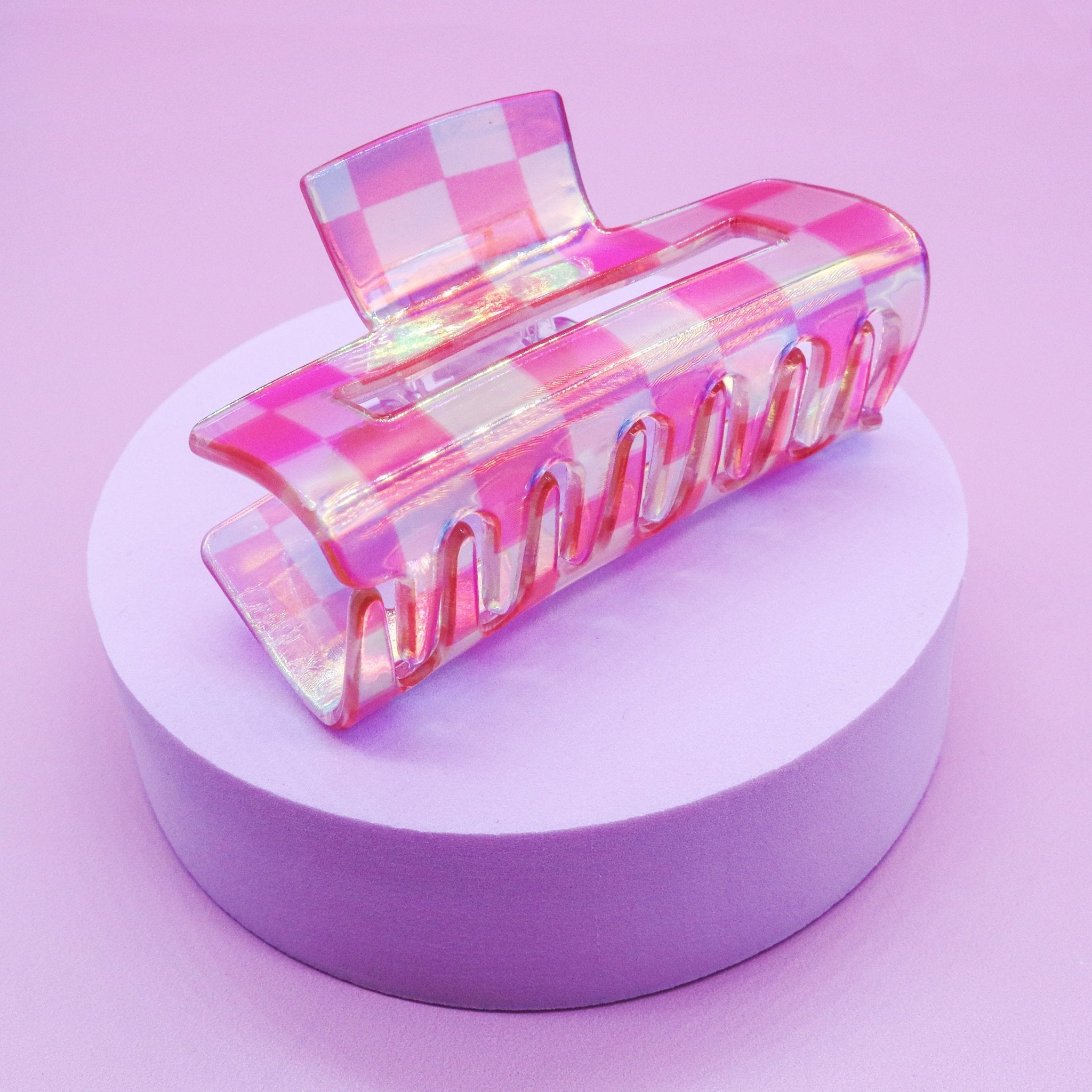 Medium Iridescent Checkered Hair Claw - Pink - FROG SAC
