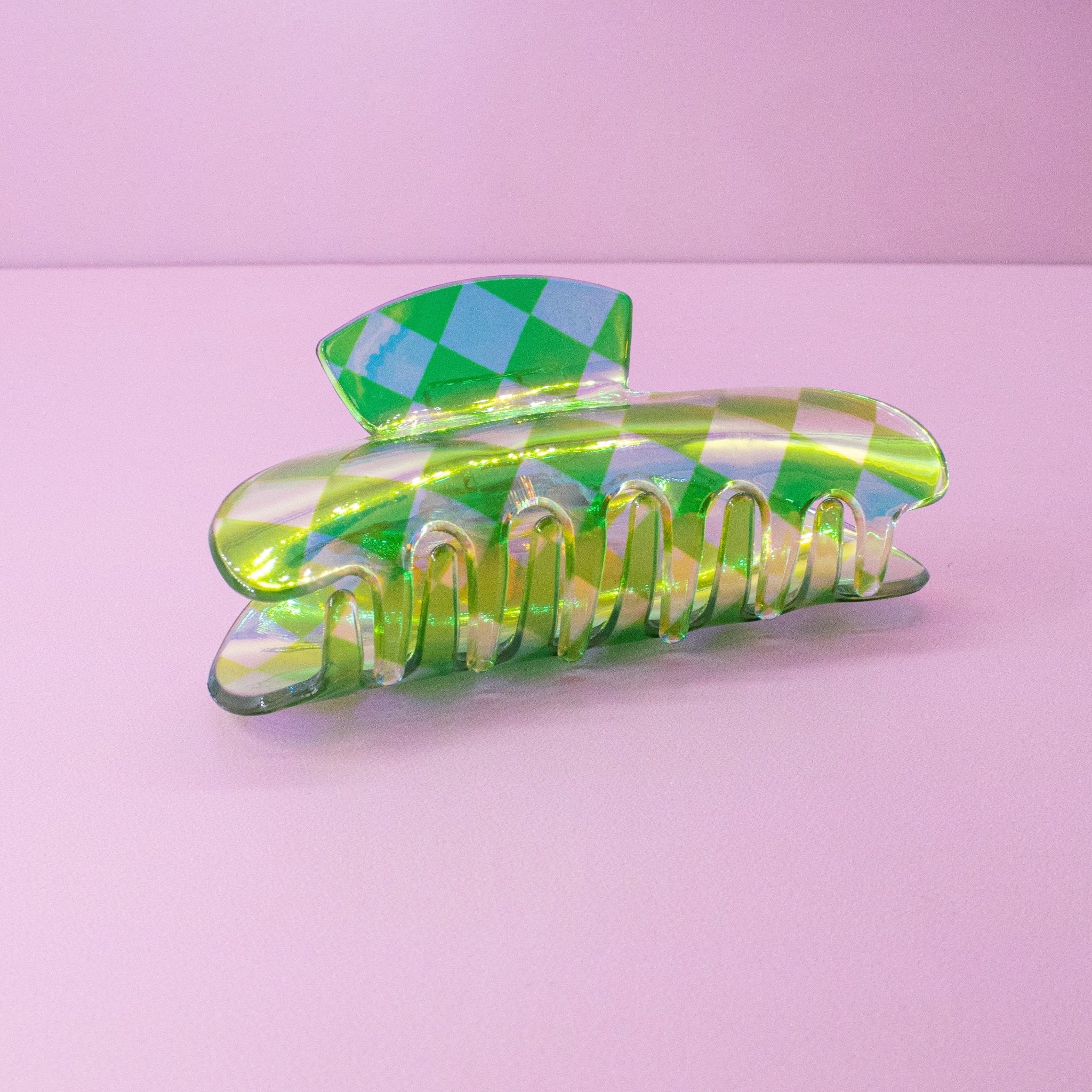 Medium Round Iridescent Checkered Hair Claw Clip - FROG SAC