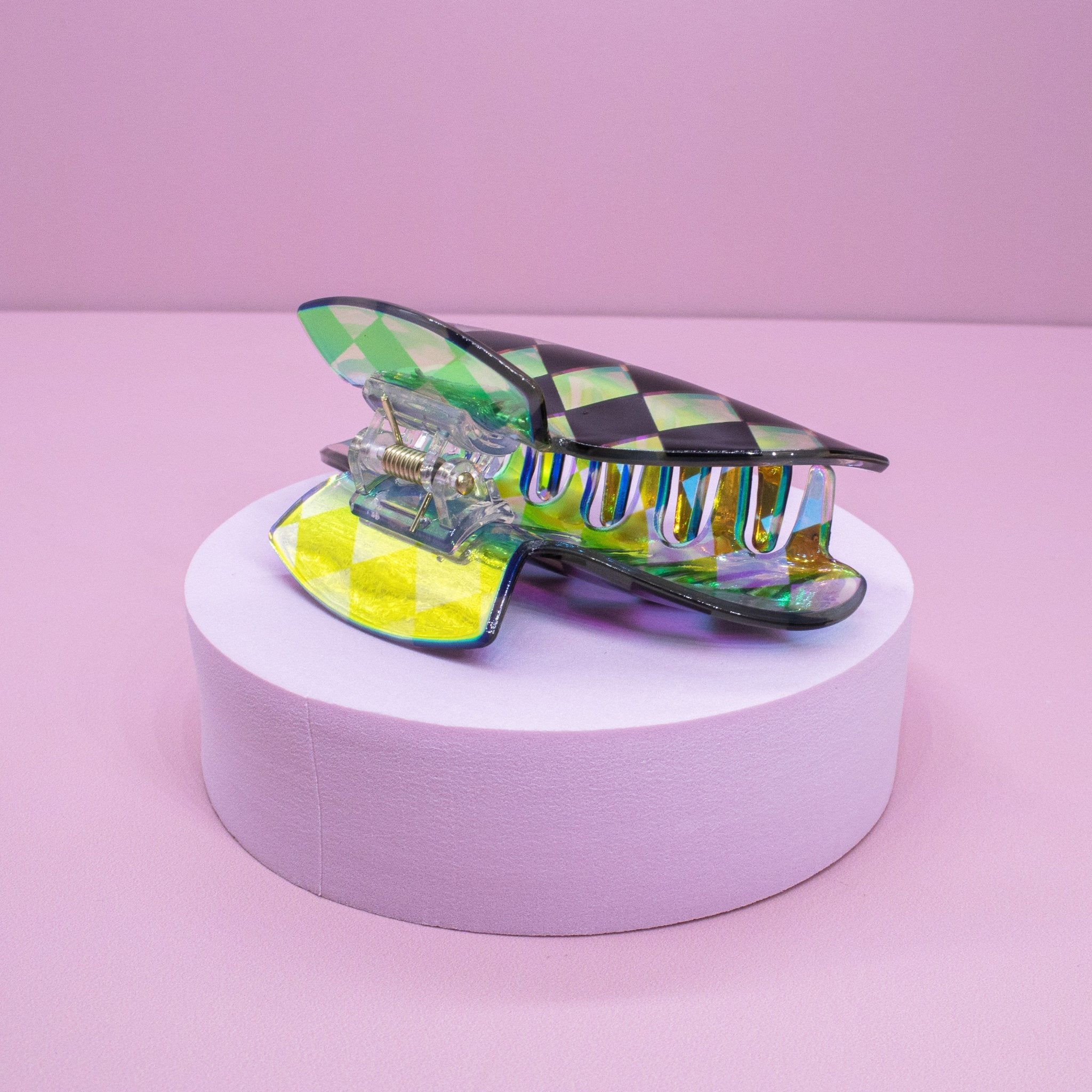 Medium Round Iridescent Checkered Hair Claw Clip - FROG SAC