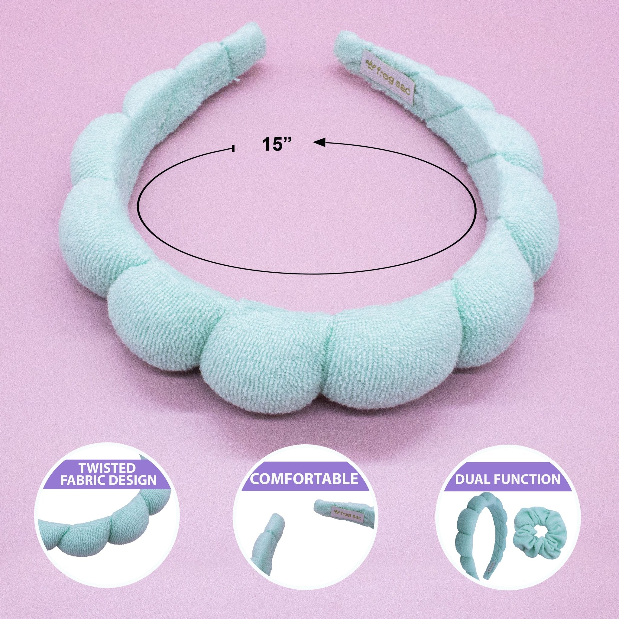 Puffy Spiral Terry Cloth Padded Spa Headband and Scrunchie Wristbands - FROG SAC