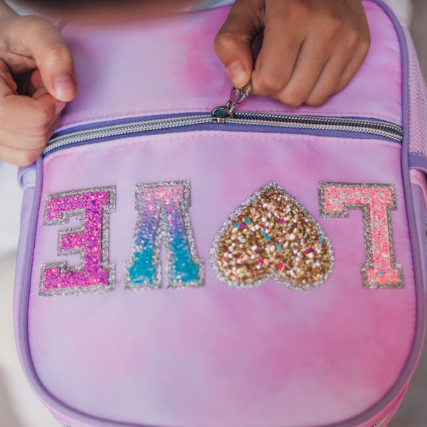 accessory innovations little & big kids tie-dye backpack Tie Dye Backpack with Glitter Varsity Patch Letters