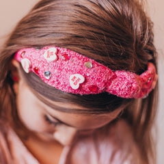 Embellished Knot Headband - Tweed Beaded Candy Valentine Heart