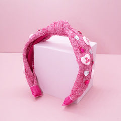 Embellished Knot Headband - Tweed Beaded Candy Valentine Heart - FROG SAC