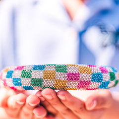 Rhinestone Headband - Padded Rainbow Checkerboard Hair Band - FROG SAC