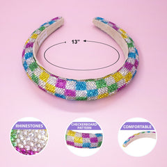 Rhinestone Headband - Padded Rainbow Checkerboard Hair Band - FROG SAC