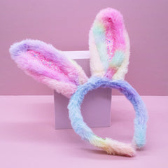 Fuzzy Rainbow Tie Dye Glitter Bunny Ears Easter Headband - FROG SAC
