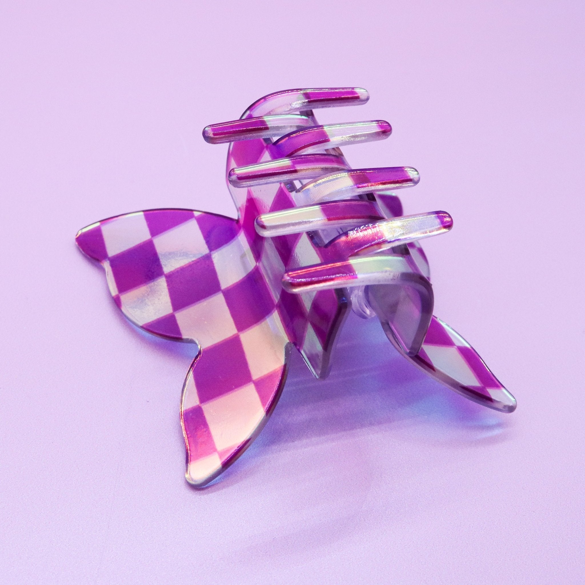 Medium Iridescent Checkered Butterfly Hair Claw - Purple - FROG SAC