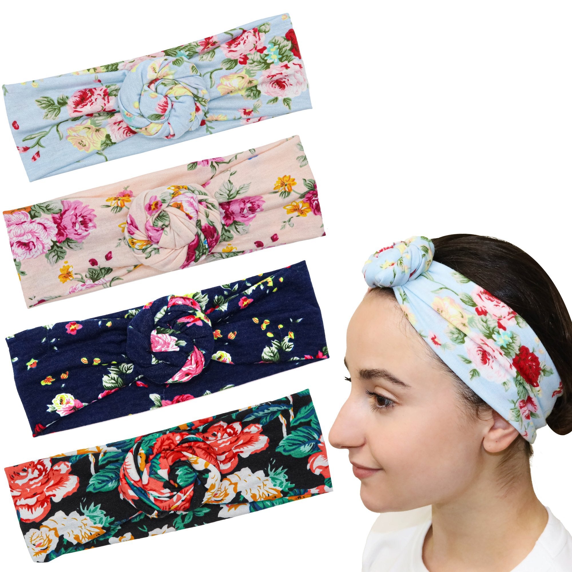 Soft Stretch Floral Rosebud Headbands - 4 Pack