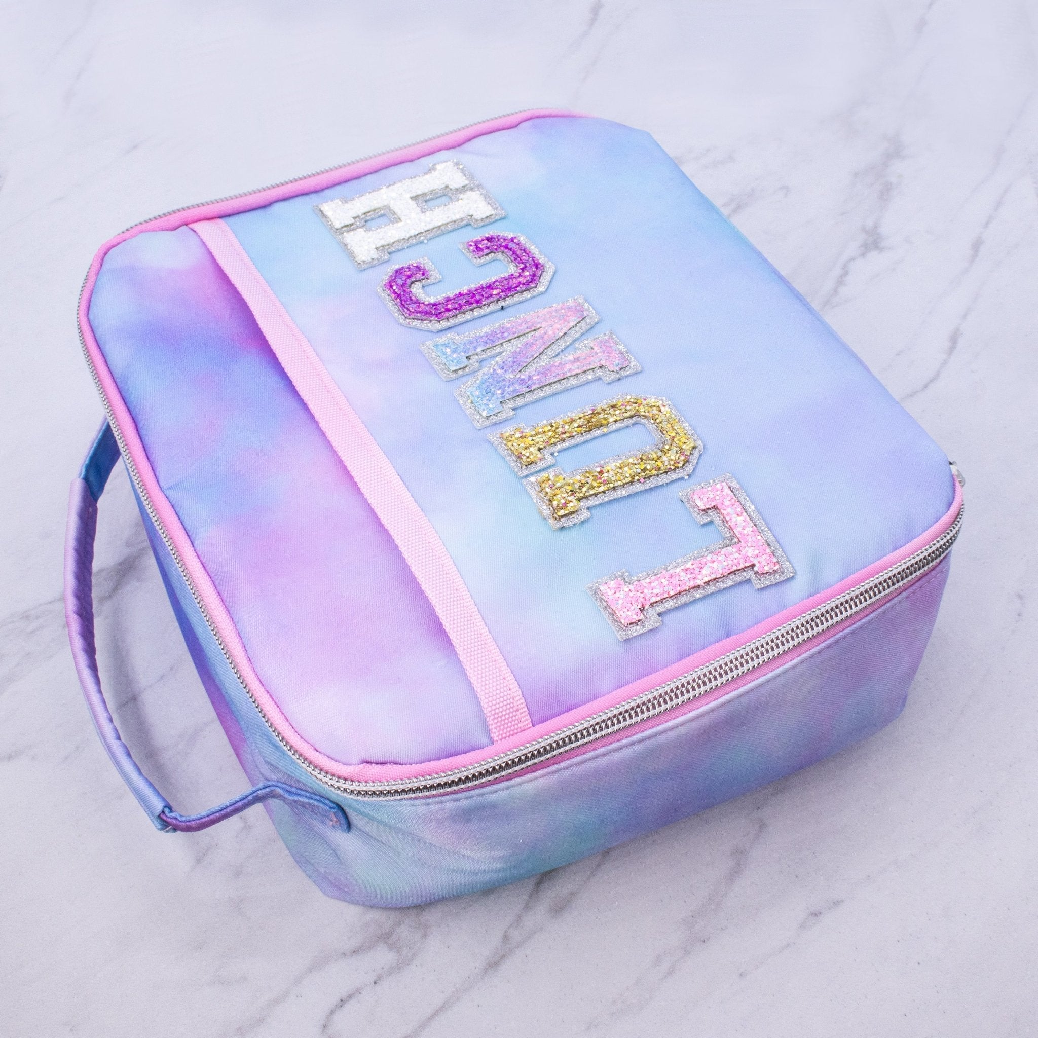 Frog Sac Kids Lunch Bag for Girls, Reusable Insulated Preppy Tie Dye Glitter Varsity Letter Patch Lunch Box, Cute Soft Back T